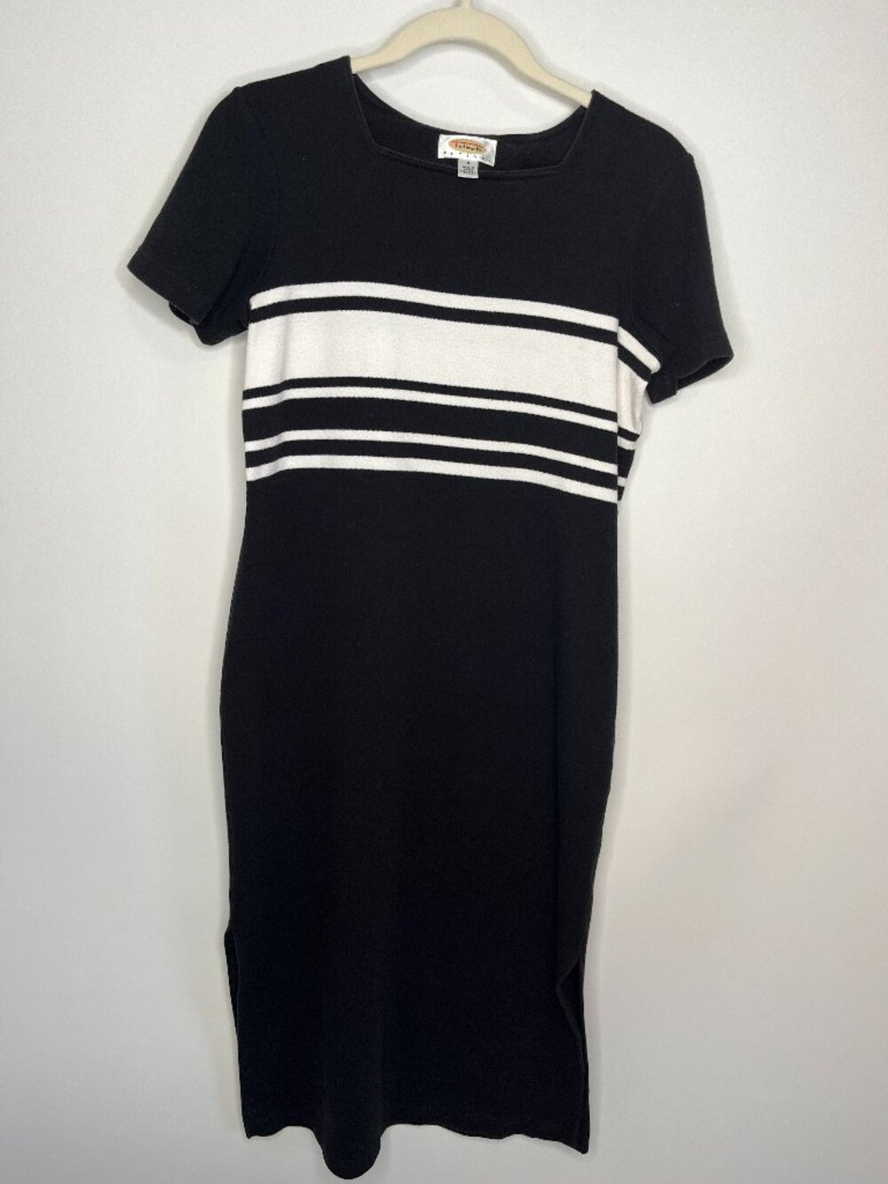 Talbots Black Striped Short Sleeve Knit Midi Dress Women's Petite Size S